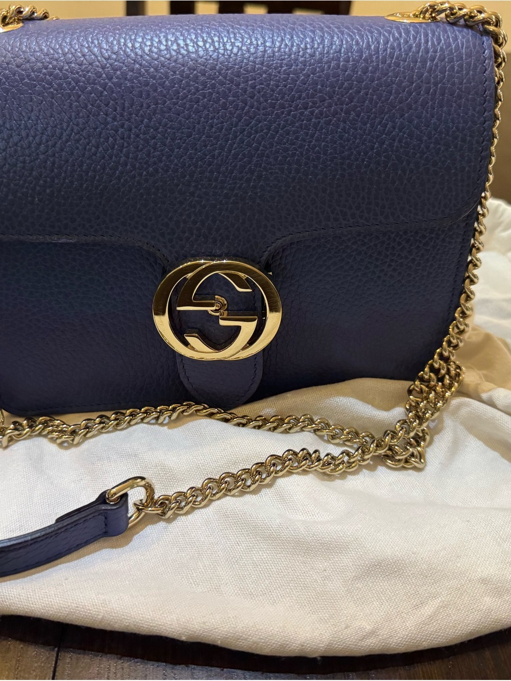 Gucci Blue Pebbled Leather Crossbody with Silver Chain
